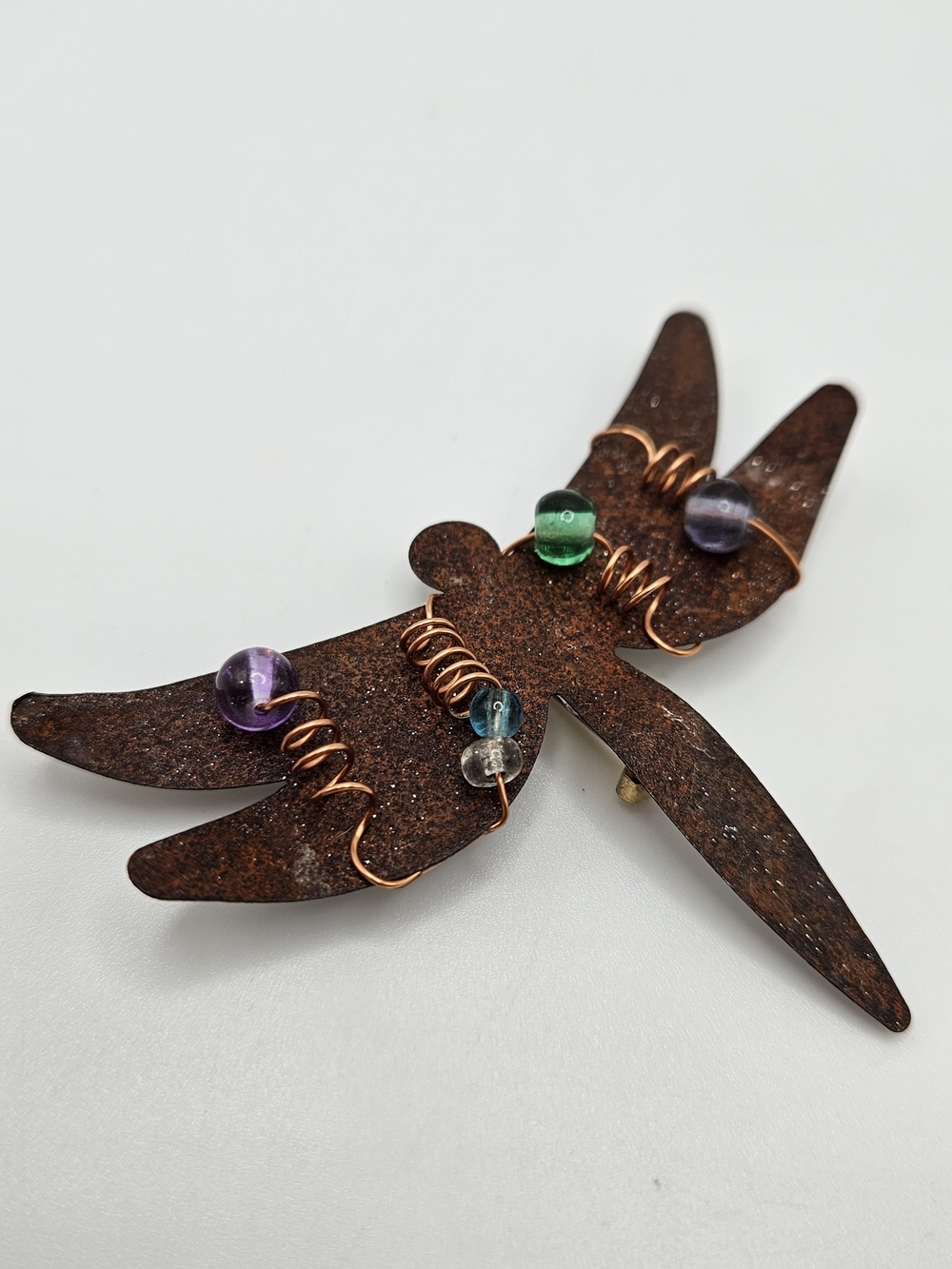 VINTAGE Handmade Copper Tone Metal Beaded Wire Dragonfly Brooch Pin